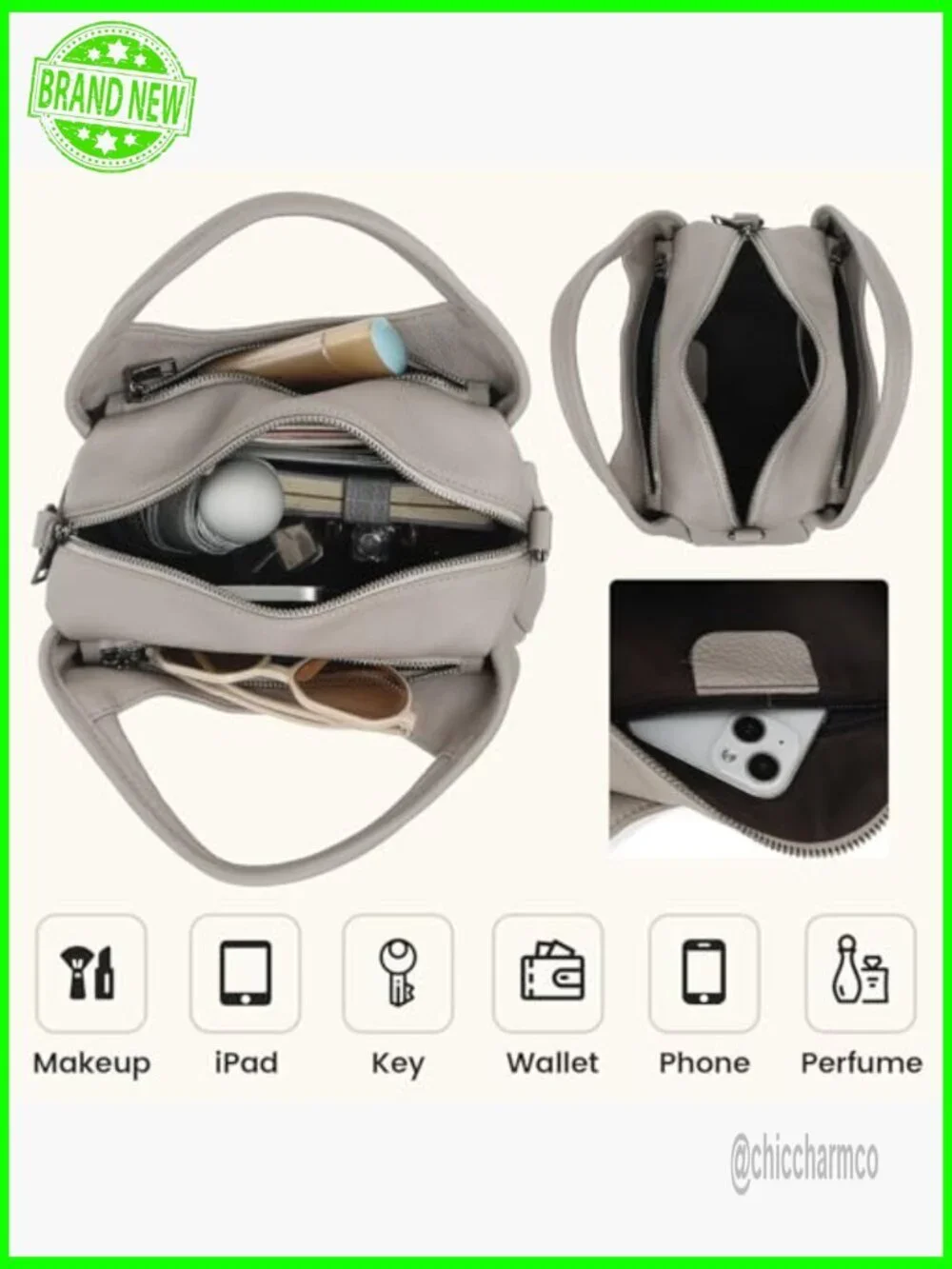 Genuine Leather Hobo Tote with Detachable Strap, 5 Compartments
